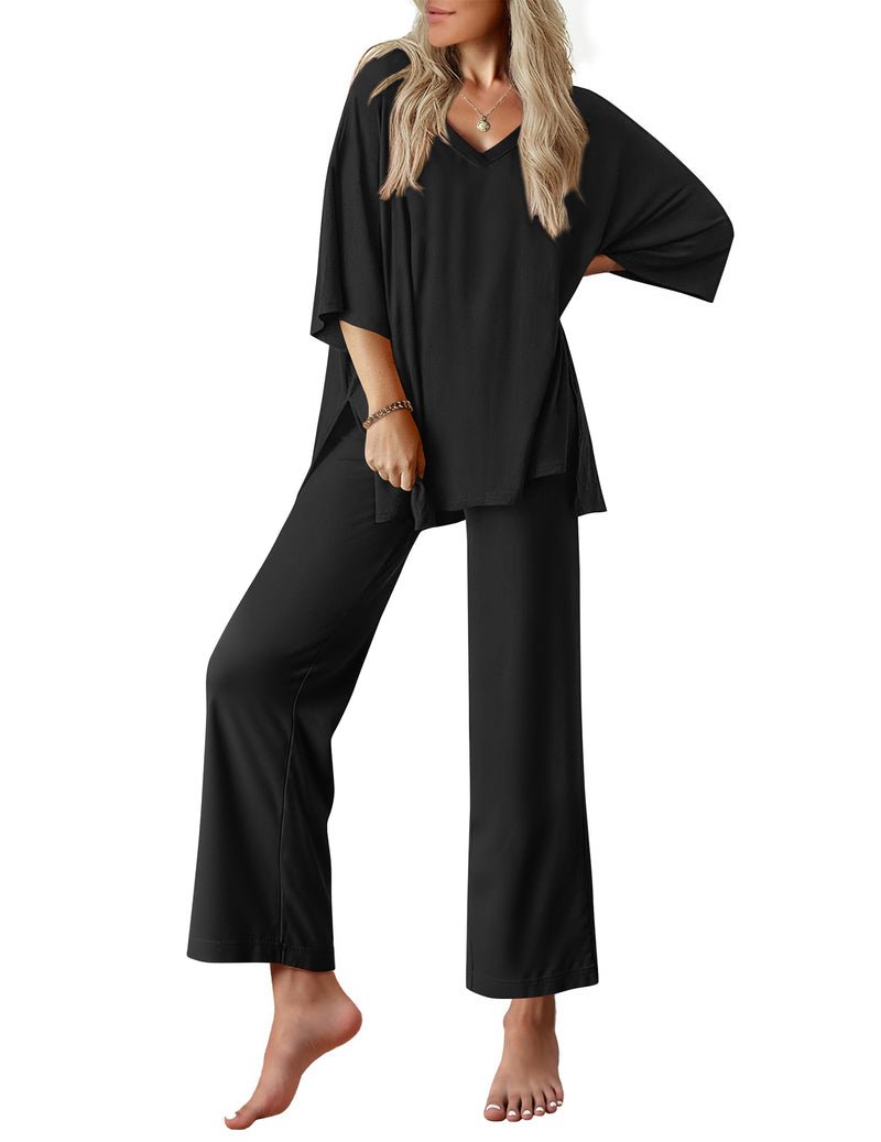 2-teiliges Set: V-Ausschnitt Oversized T-Shirt & lange Hose, schwarz