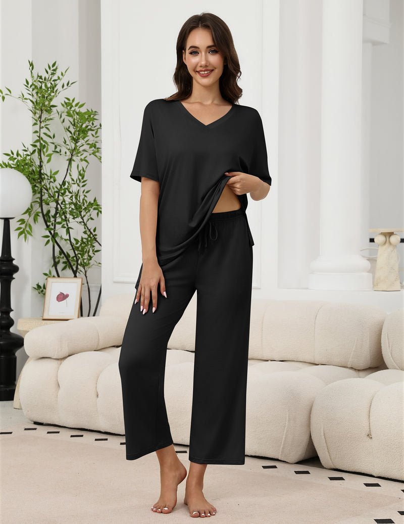 2-teiliges Set: V-Ausschnitt Shirt & lange Hose, schwarz