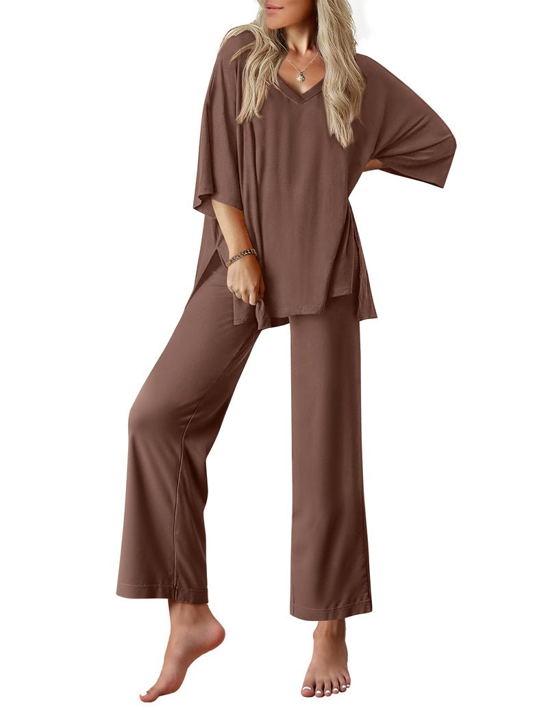 Zweiteiliges Set: Lockeres Kurzarm-Top und lange Hose, V-Ausschnitt, schokoladenbraun