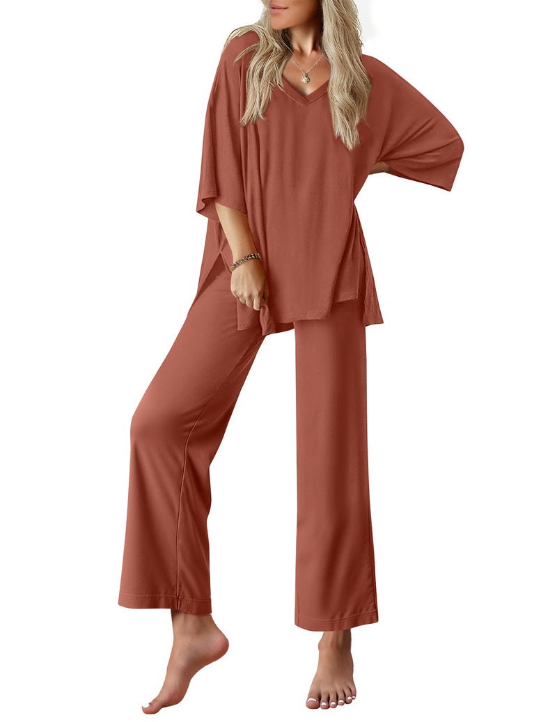2-teiliges Set: V-Ausschnitt Oversized T-Shirt & lange Hose, rostrot