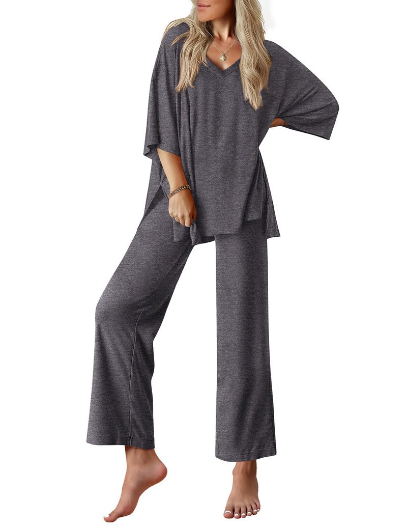 2-teiliges Set: V-Ausschnitt Oversized T-Shirt & lange Hose, dunkelgrau