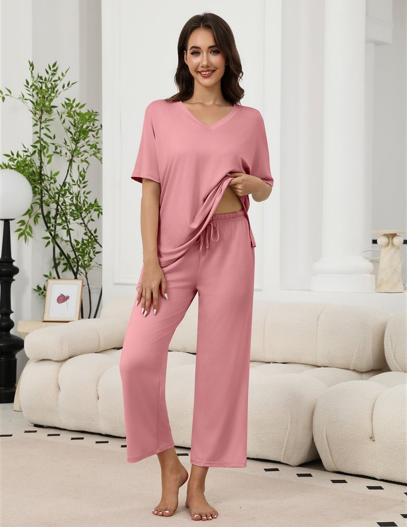 Dusty rose pajama set: V-neck short-sleeve top with long straight pants