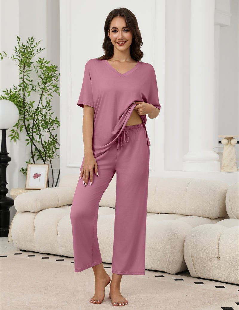 Zweiteiliges Set mit Kurzarmtop und langen Hosen, Kordelzug, dusty rose