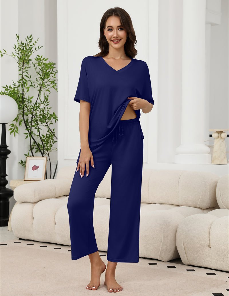 Zweiteiliges Set mit Kurzarmoberteil und langen Hosen, Kordelzug in navy blau