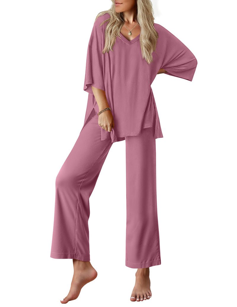 Zweiteiliges Set mit V-Ausschnitt-Kurzarmoberteil und langen Hosen, dusty rose