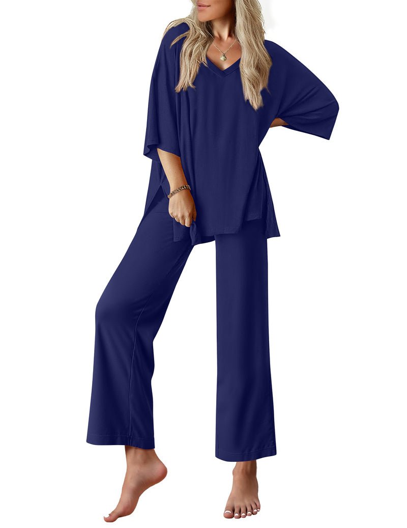 Zweiteiliges Set mit V-Ausschnitt-Kurzarmtop und langen Hosen, navy blau