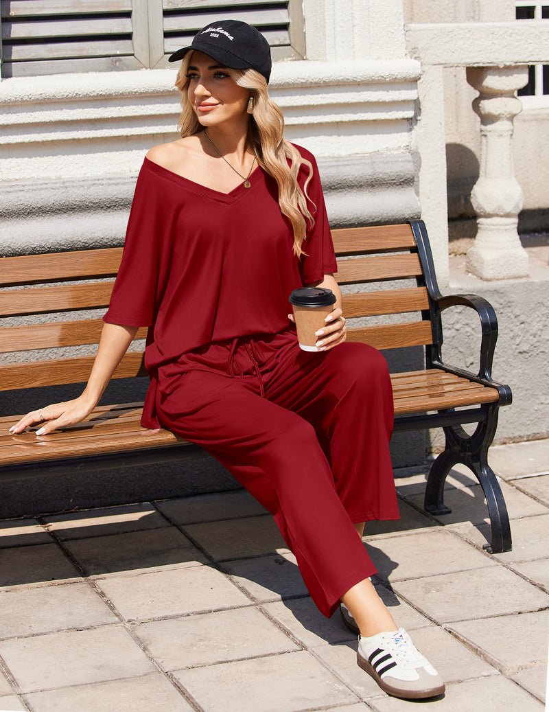 Wine red lounge set with V-neck short-sleeve top and relaxed long drawstring pants