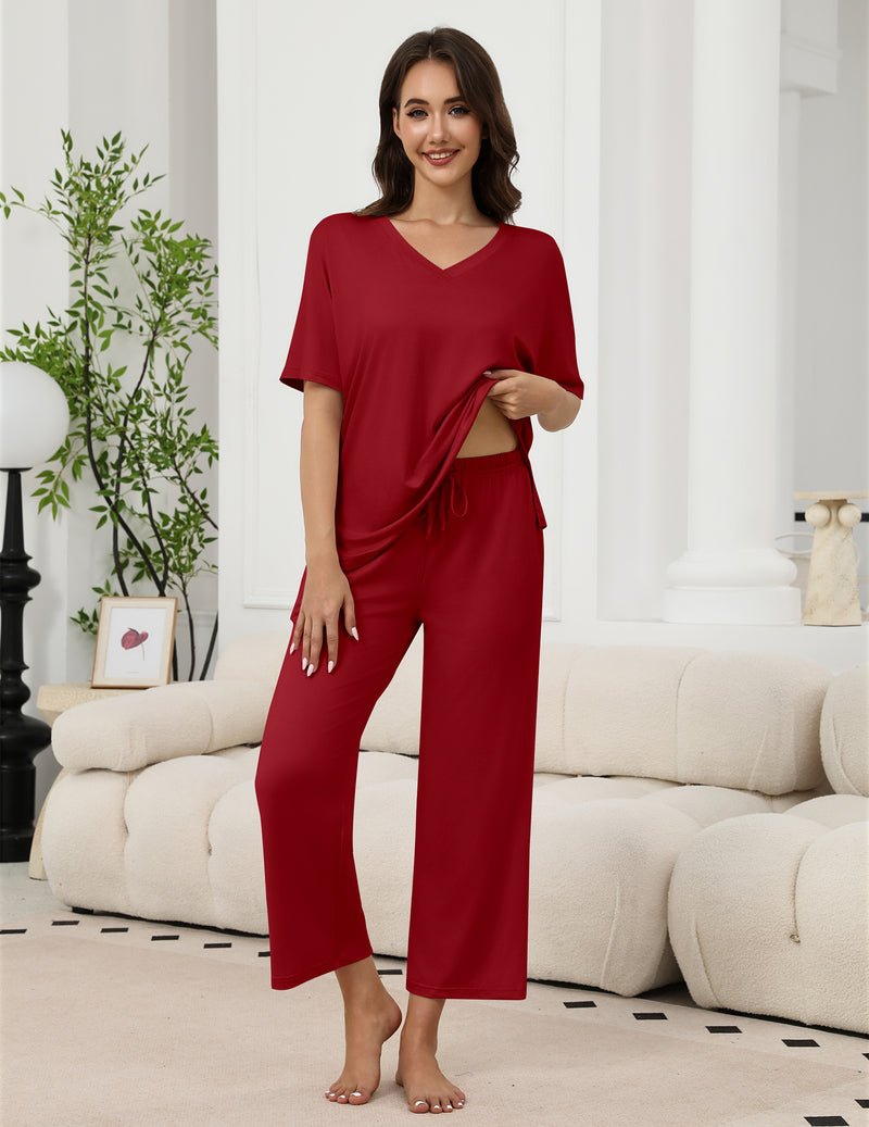 Wine red pajama set: V-neck short-sleeve top paired with long straight pants