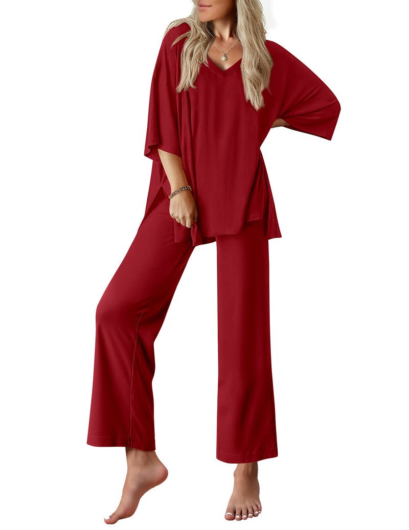 Wine red 2-piece set with V-neck short-sleeve top and long pants