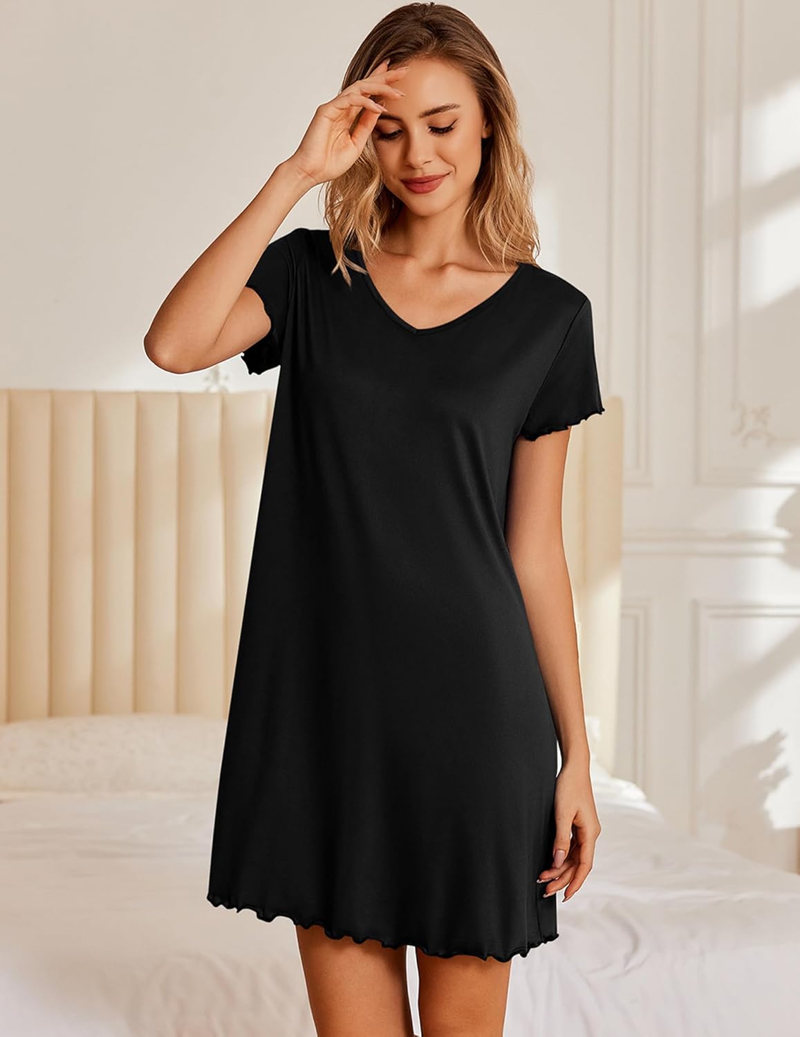 Short-sleeve V-neck nightshirt dress, black, scalloped hem