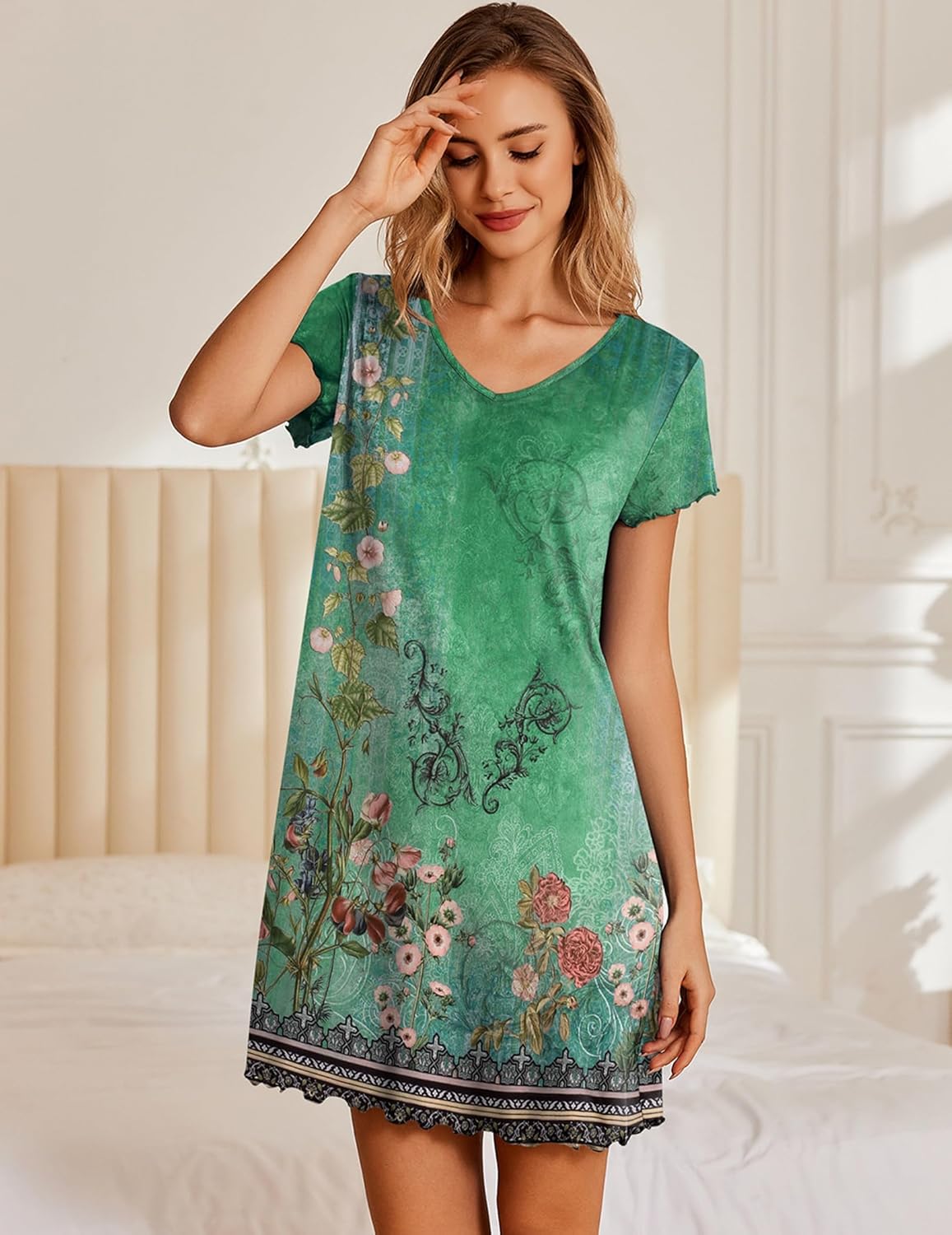 Short-sleeve V-neck nightshirt dress, green floral print, scalloped hem