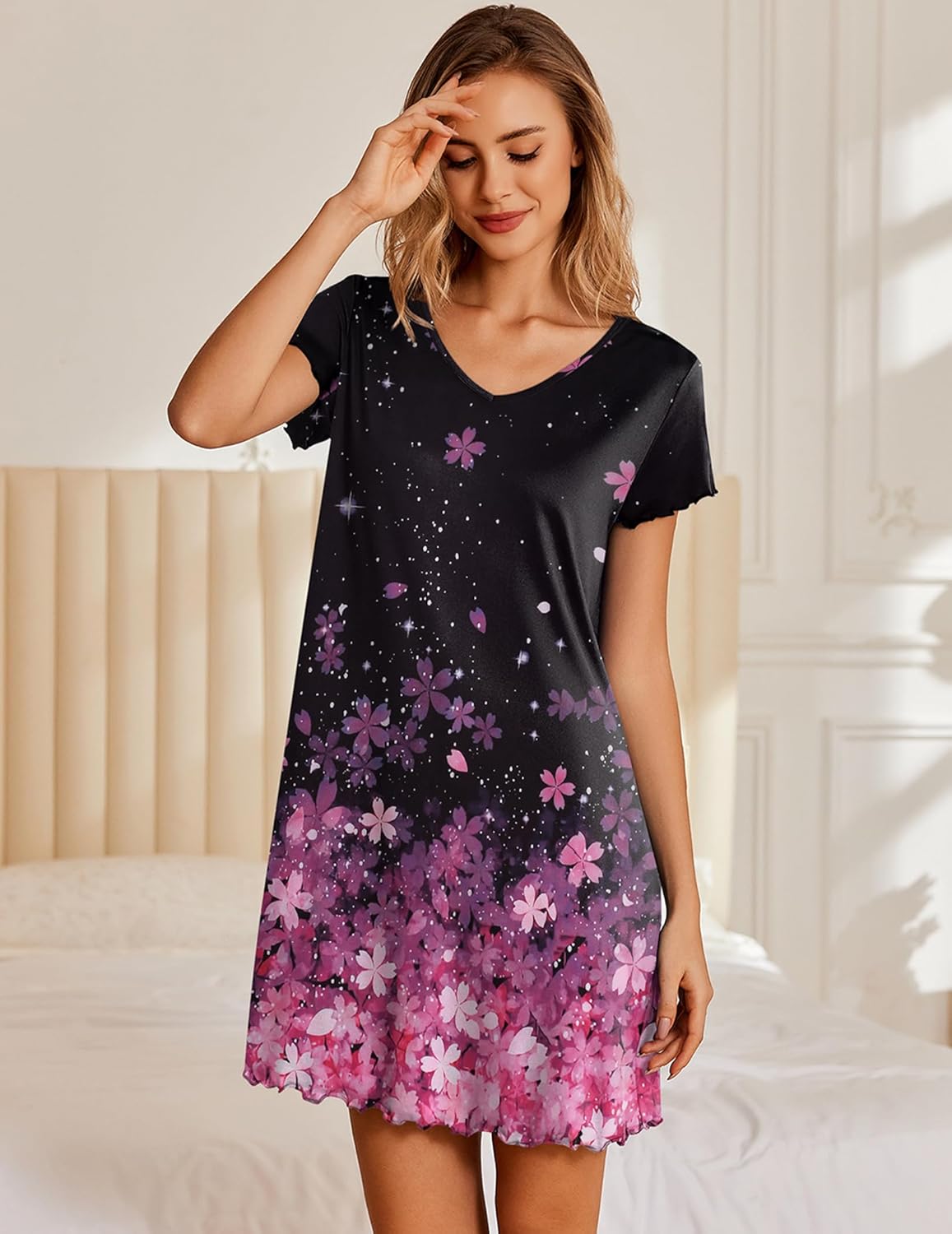 Black nightshirt dress with purple-pink floral print, V-neck, short sleeves