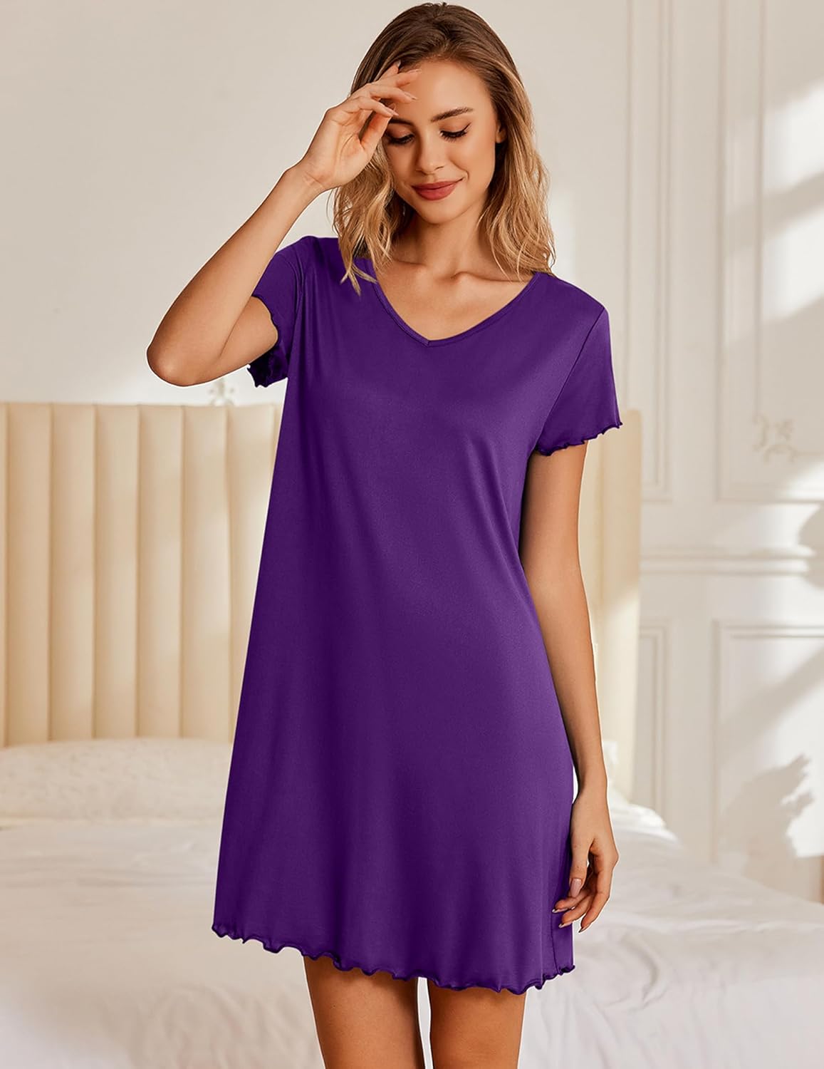 Purple short nightshirt dress with V-neck, short sleeves, scalloped hem