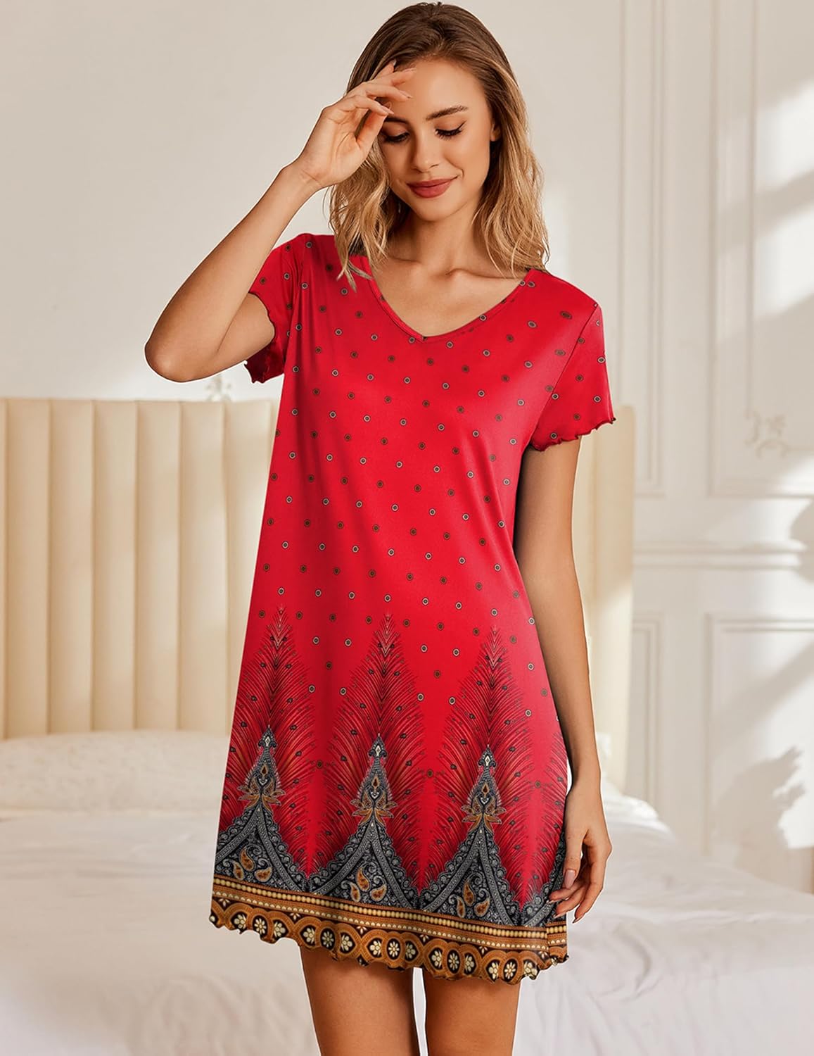 Red short-sleeve V-neck nightshirt dress with patterned border and small repeat motifs