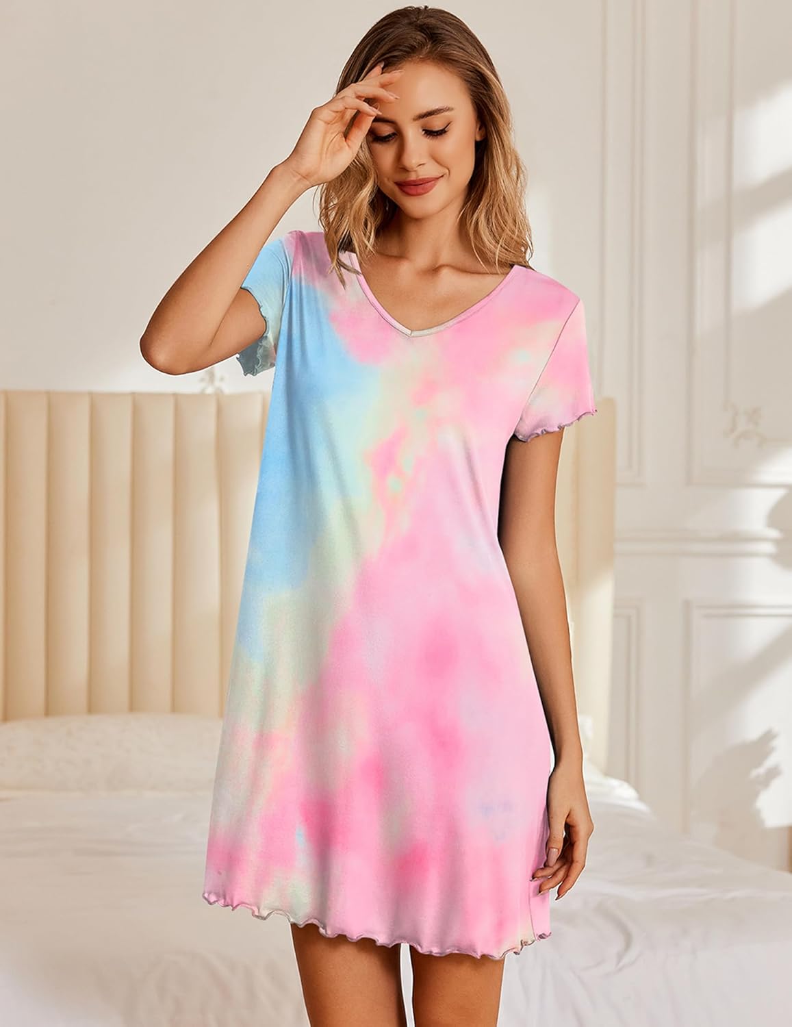 Pastel tie-dye short nightshirt dress with V-neck, short sleeves, scalloped hem