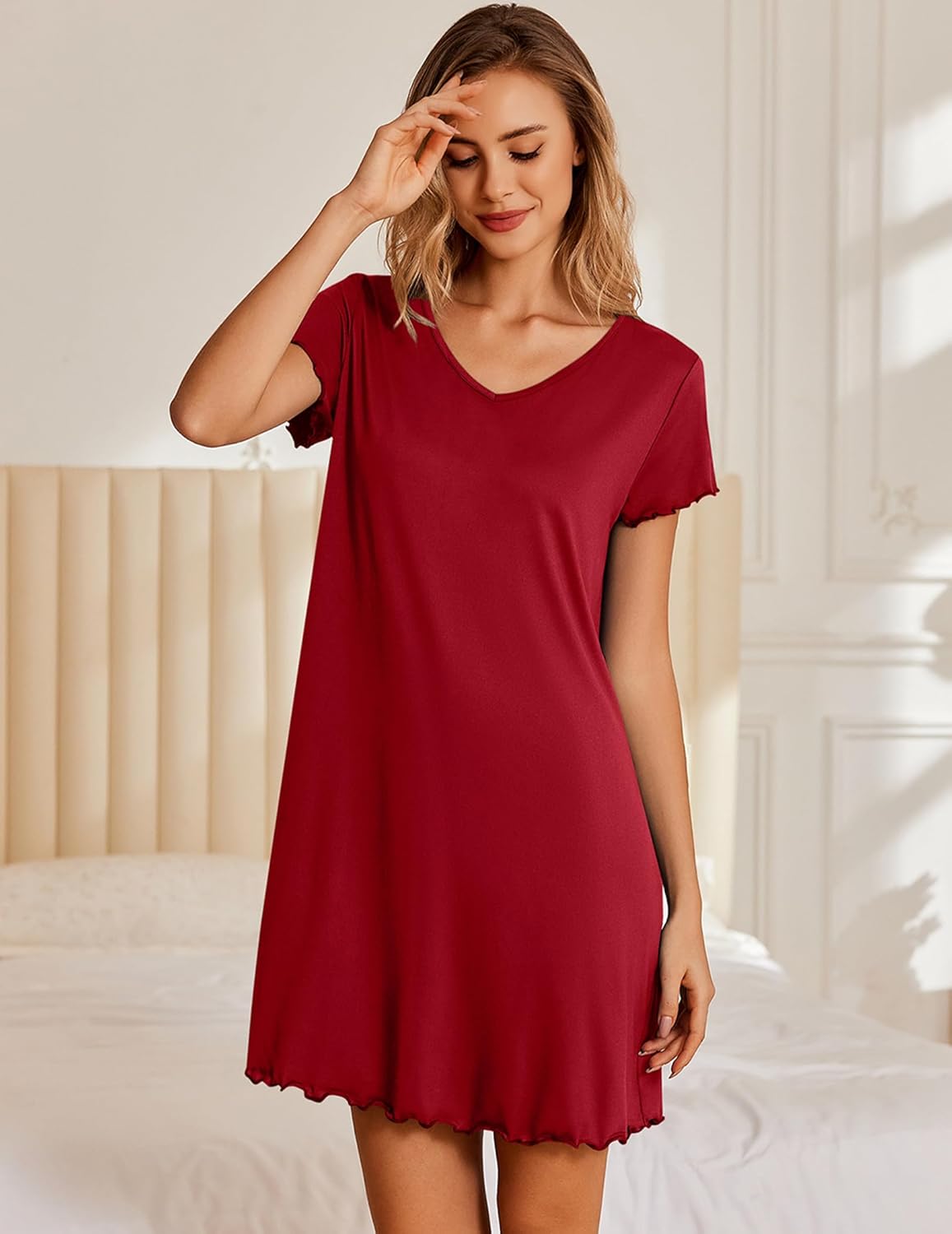 Short-sleeve V-neck nightshirt dress, wine red, scalloped hem