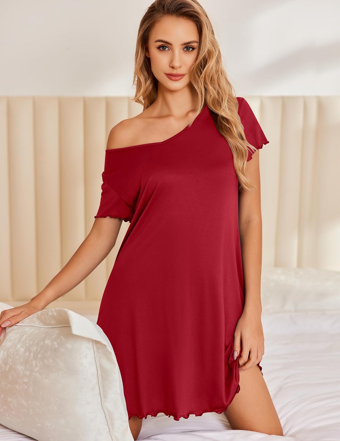 Short-sleeve nightshirt dress, wine red, one-shoulder neckline