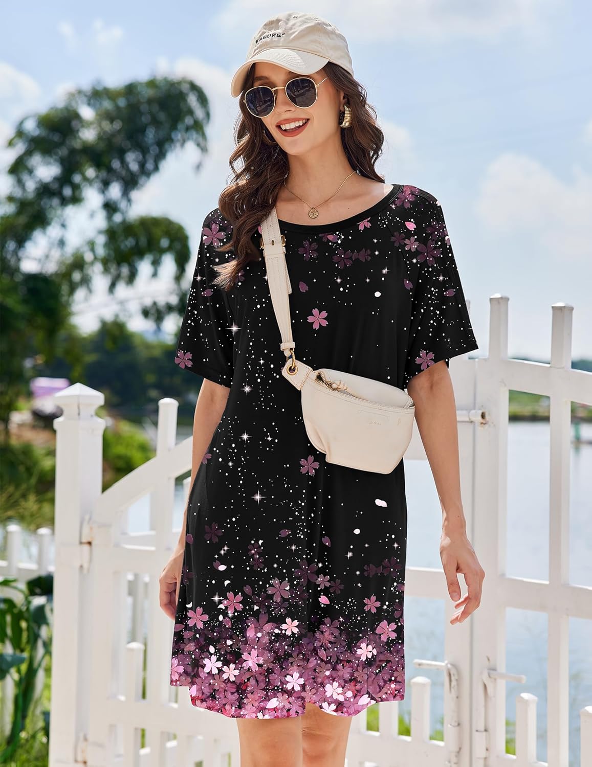 Black short-sleeve crewneck sleep shirt night dress with pink floral star print.