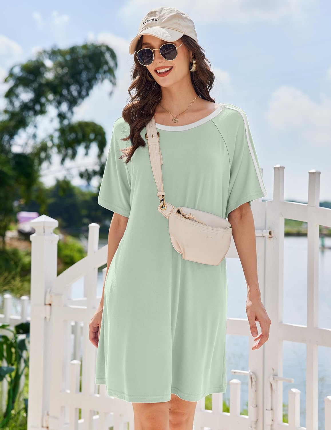 Short-sleeve crew-neck sleep dress, mint green solid knit