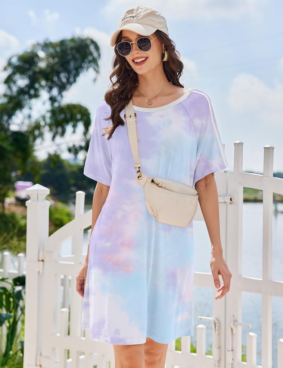 Short-sleeve crew-neck sleep dress, pastel lavender tie-dye pattern