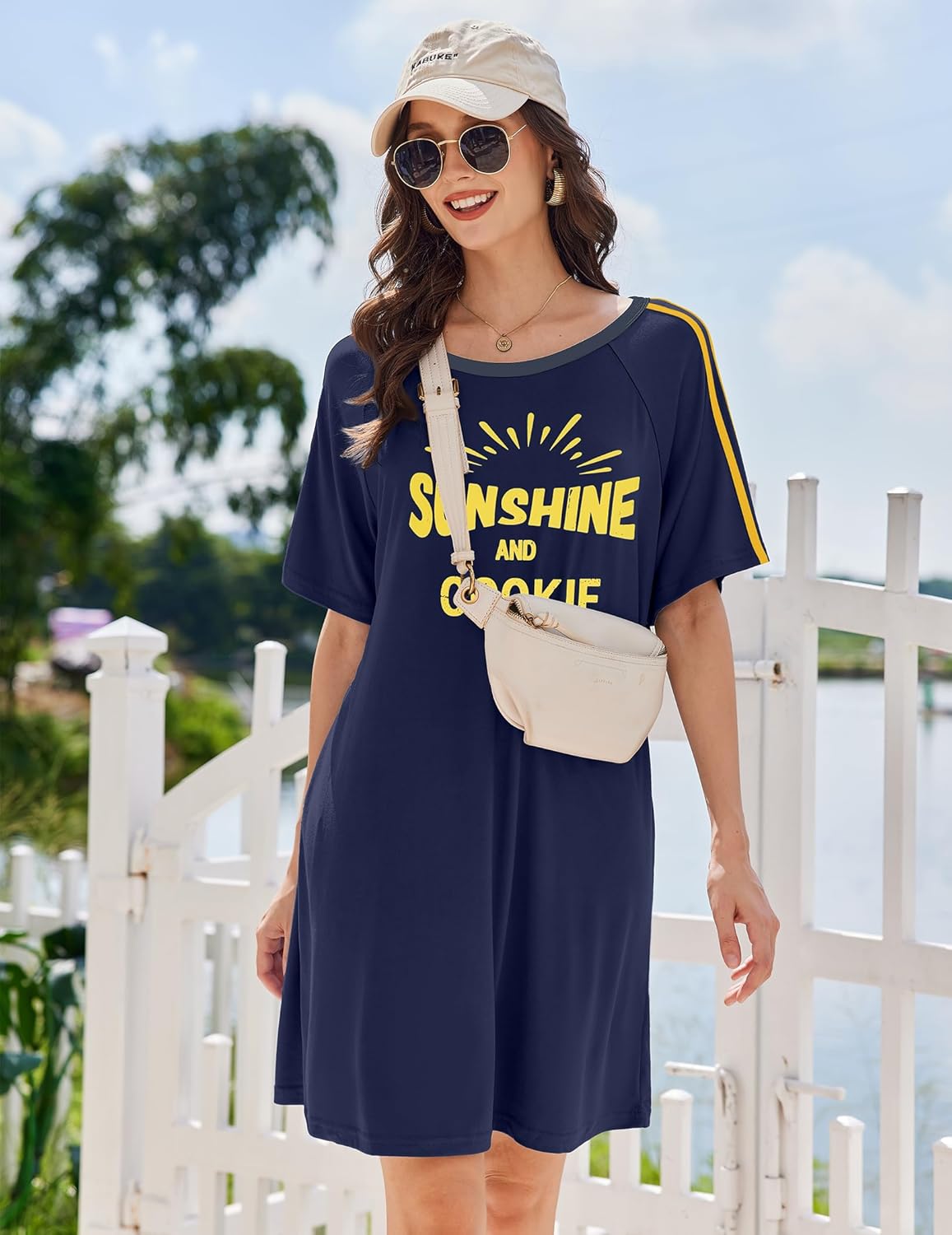 Short-sleeve crew-neck sleep dress, navy with yellow 'SUNSHINE AND COOKIE' print