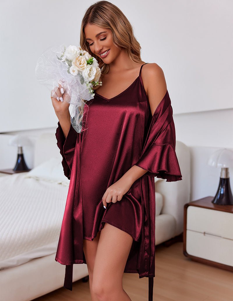 Silk 2 rés robe bordeaux foncé à col V, manches évasées, ceinture nouée