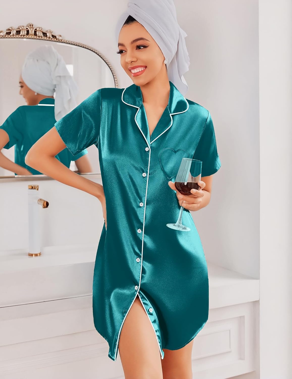 Silk nightgown teal satin with collar, button placket and front slit