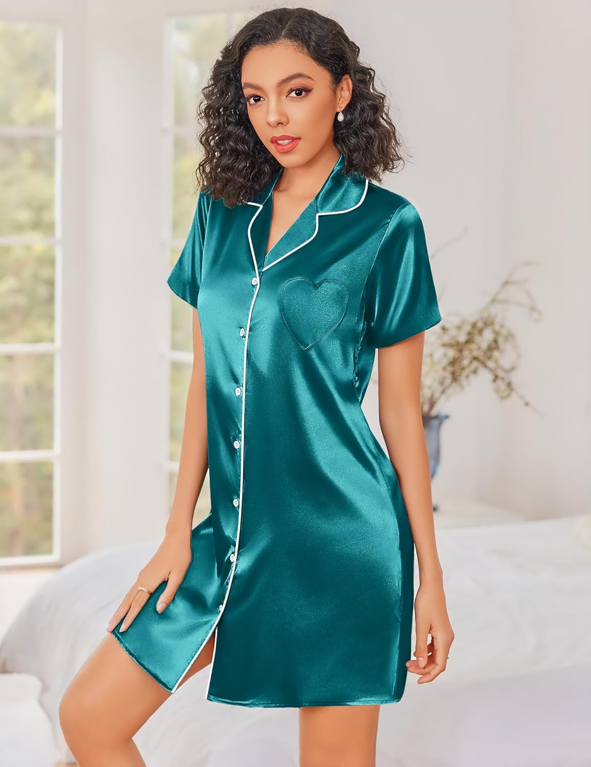 Silk nightgown button-down, teal satin, short sleeves, collar and front buttons
