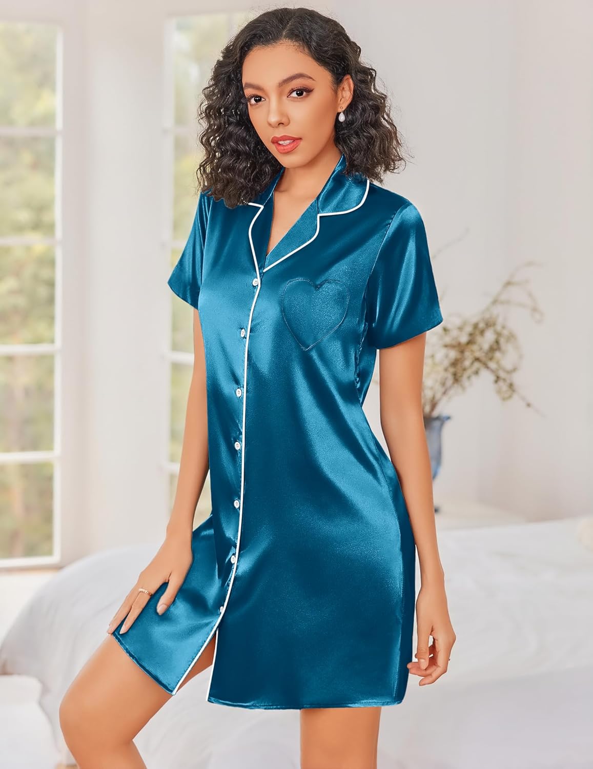 Blue Green silk button-front nightshirt with short sleeves and contrast piping