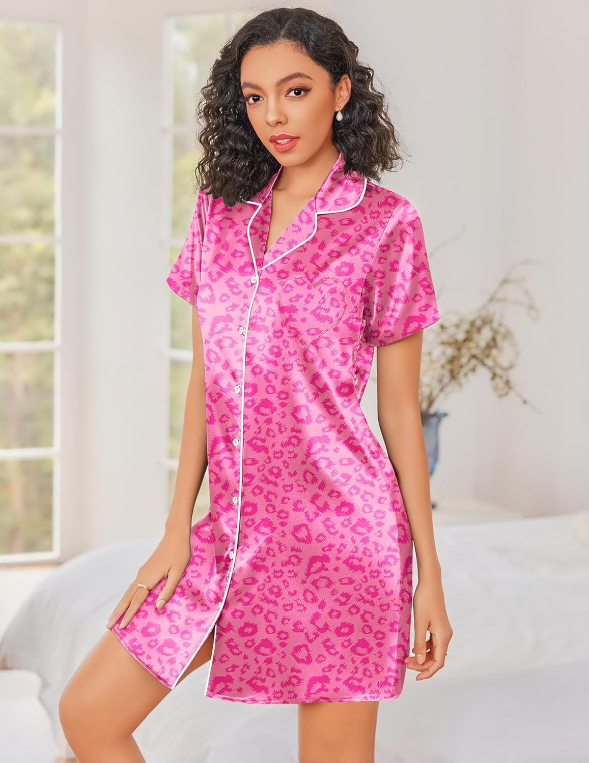 Hot pink leopard silk button-down nightgown with short sleeves, contrast piping, button front.