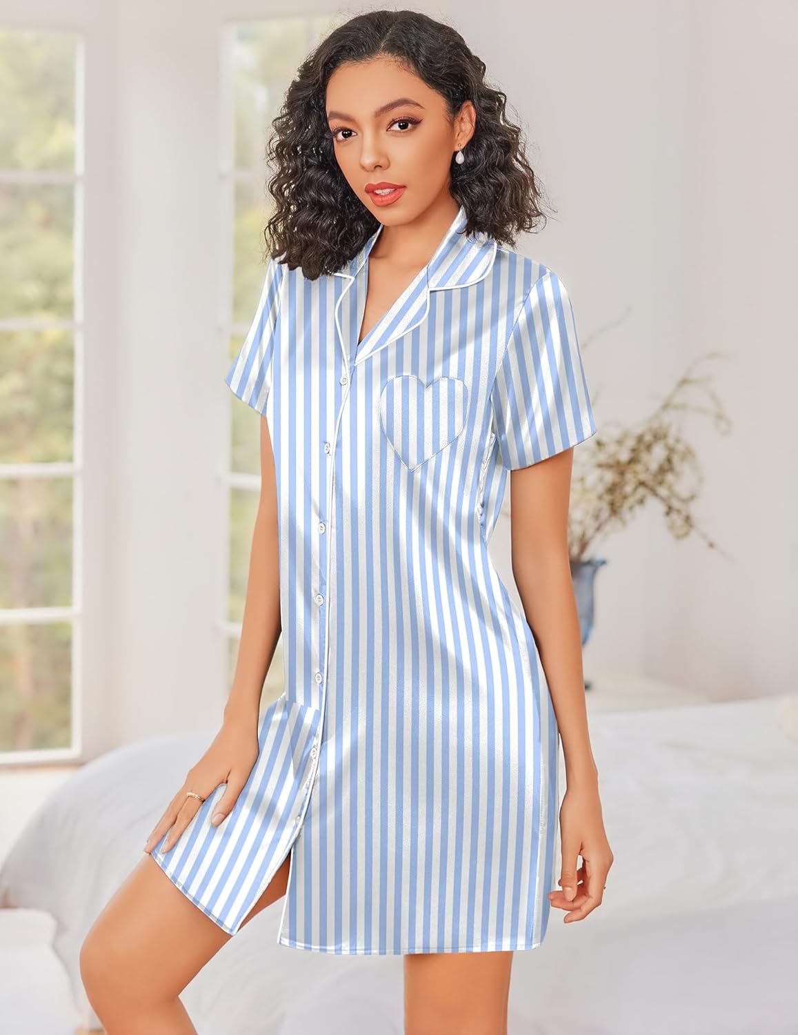 Silk nightgown button-down in blue-and-white stripes, short sleeves, collar and buttons
