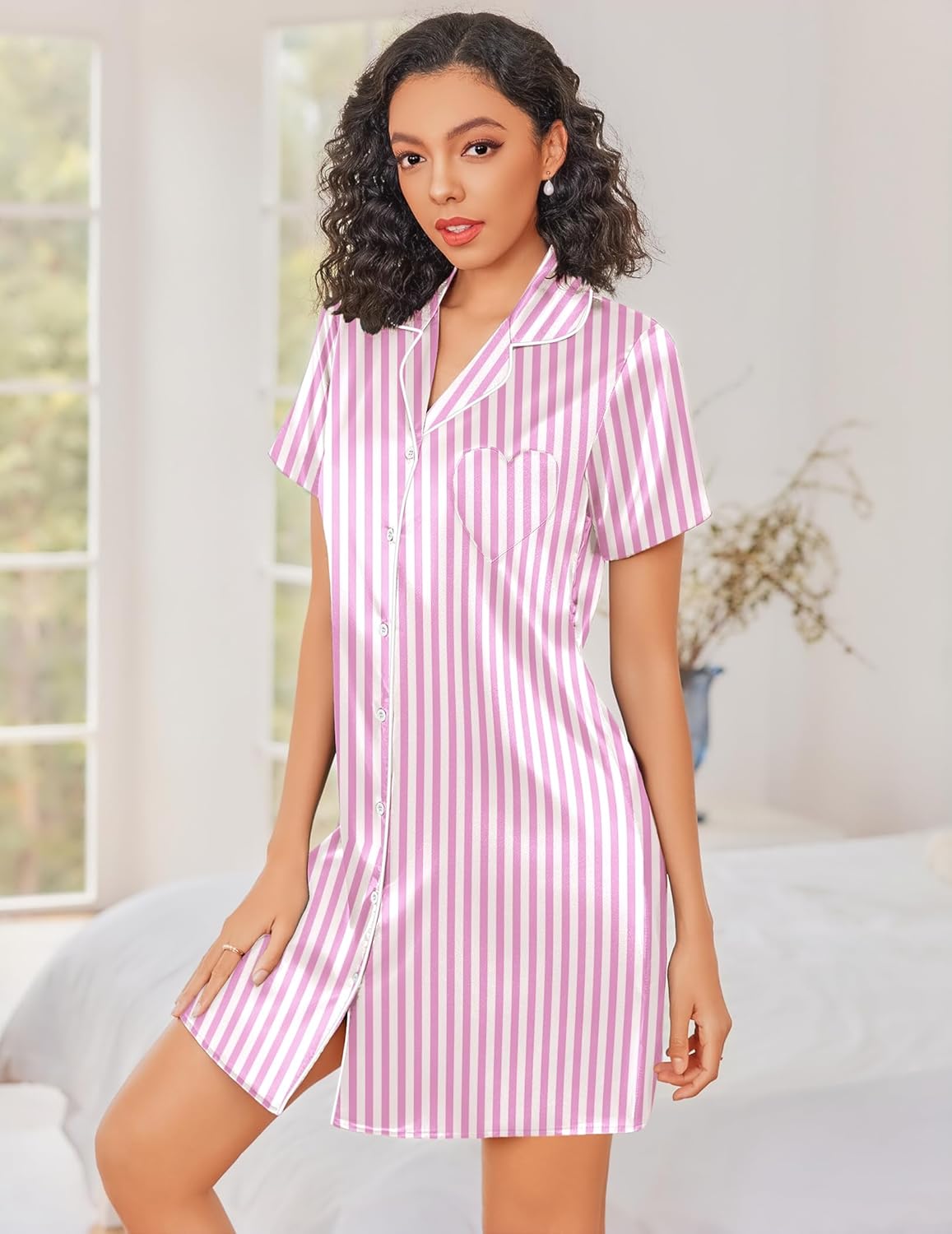 Silk nightgown button-down in pink-and-white stripes, short sleeves, collar, buttons