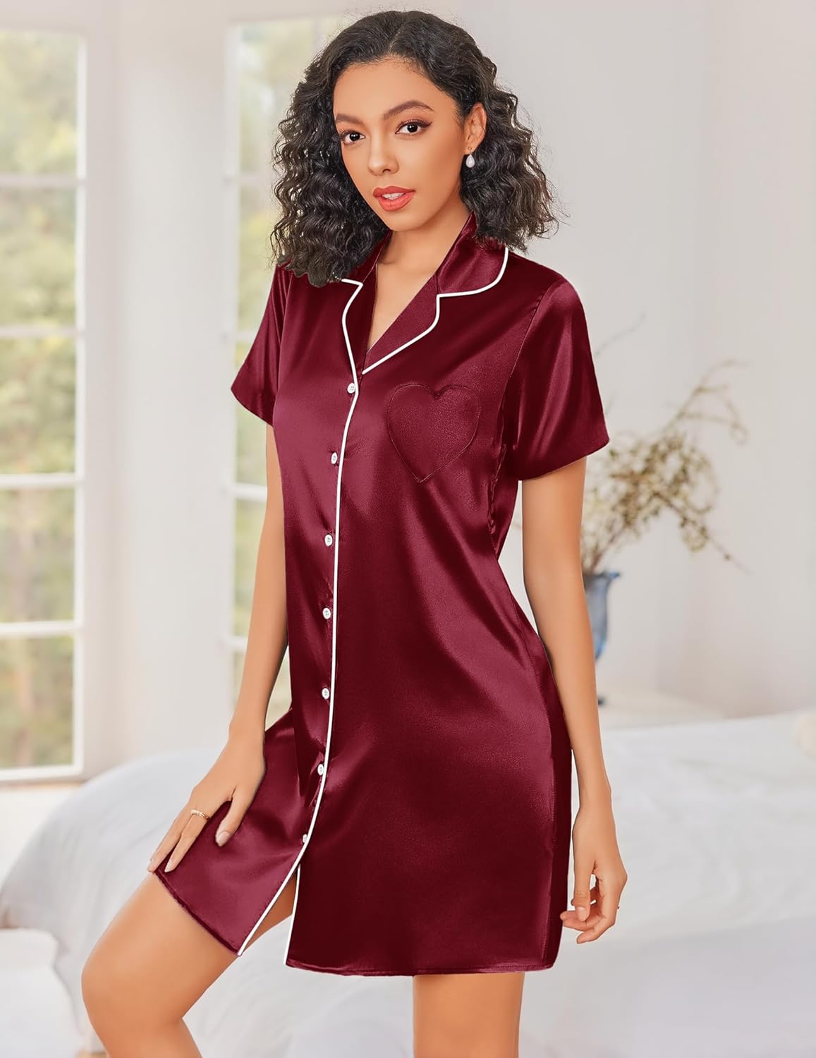 Wine red silk button-front nightshirt with short sleeves and contrast piping