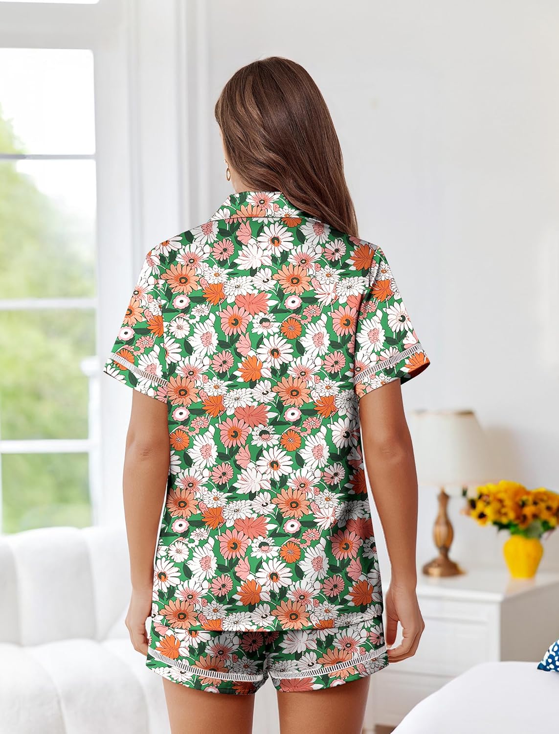 Floral satin pajama set in green with button-up top and matching shorts