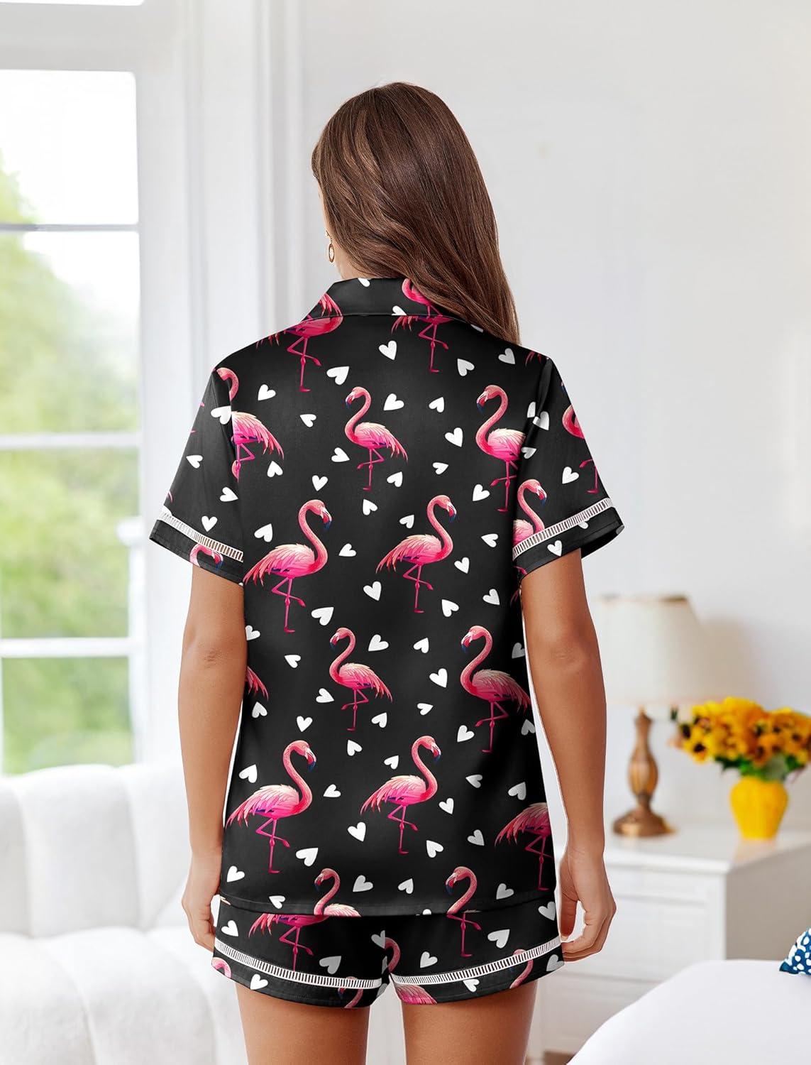 Black flamingo and heart print satin pajama set with matching shorts, back view