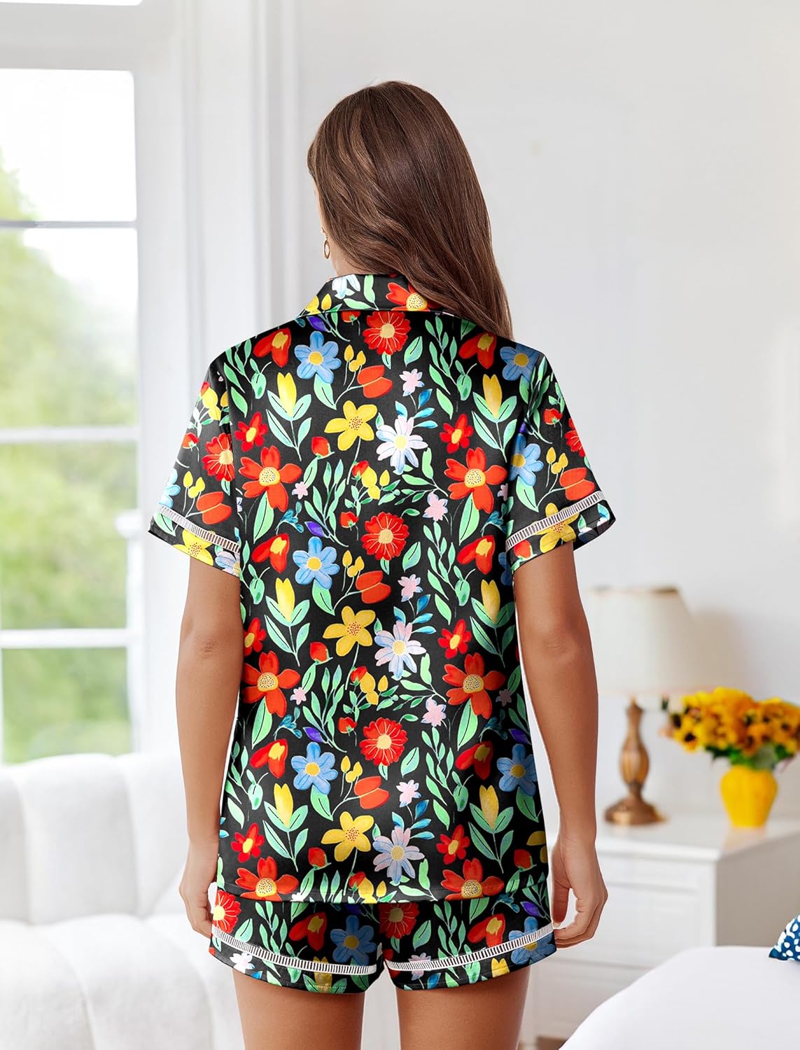 Floral button-up satin pajama set with matching shorts, multicolor leaves and flowers