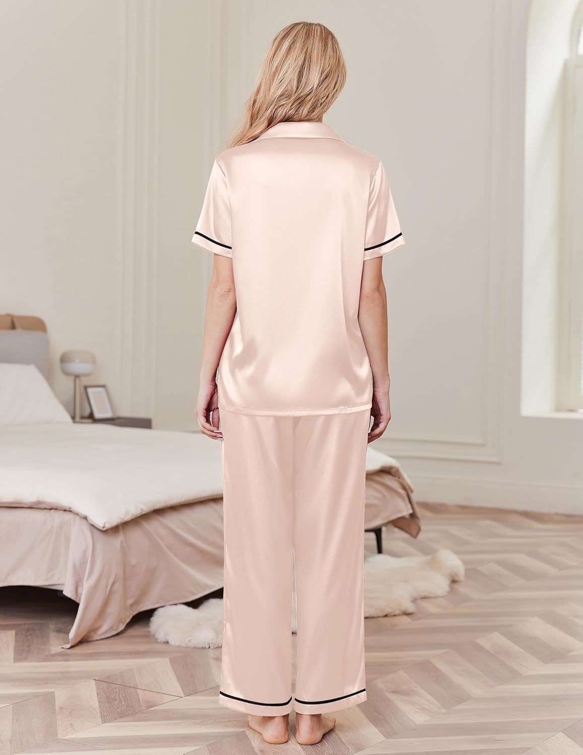 Champagne silk pajama set, short-sleeve satin top and wide-leg pants, back view