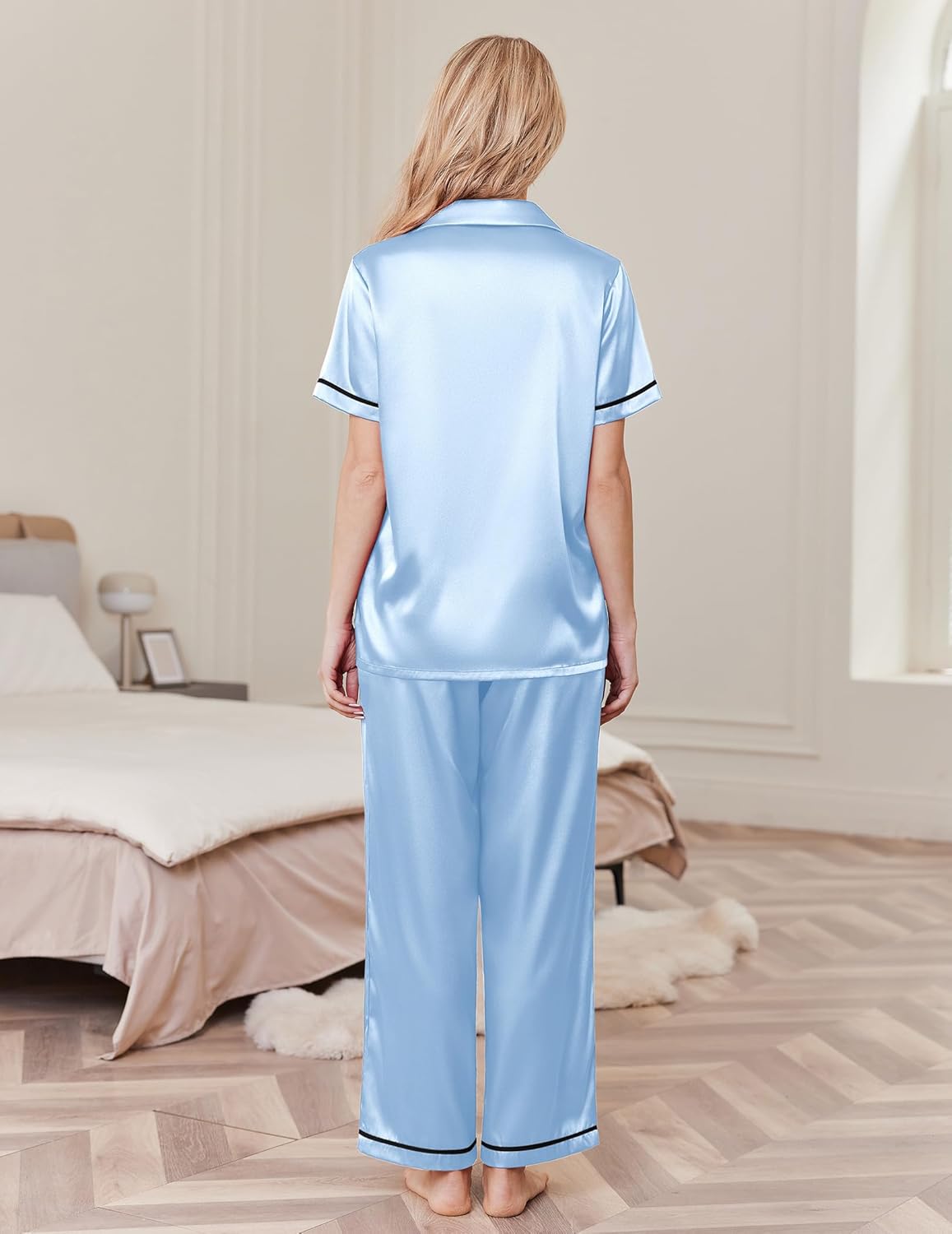 Clear blue silk pajama set, short-sleeve satin top and wide-leg pants, back view