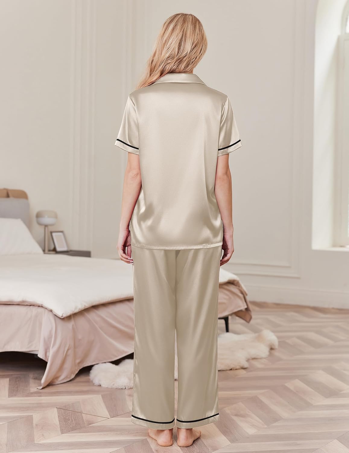 Champagne silk pajama set, short-sleeve satin top and wide-leg pants, back view