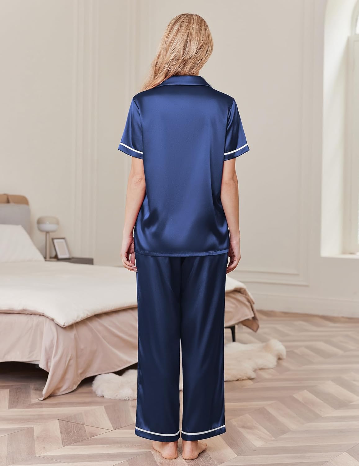 Navy blue satin pajama set: short-sleeve top and wide-leg pants