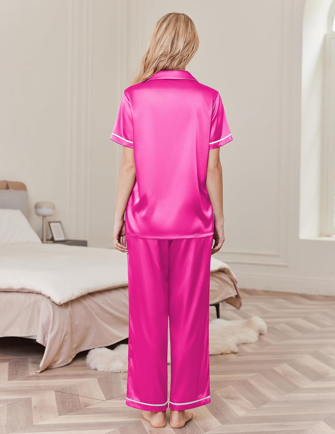 Rose red silk pajama set, short-sleeve satin top and wide-leg pants, back view
