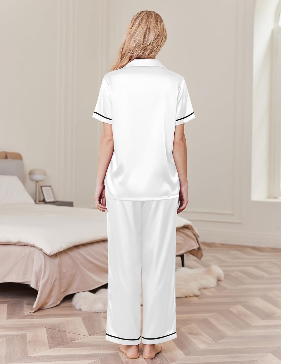White silk pajama set, short-sleeve satin top and wide-leg pants, back view