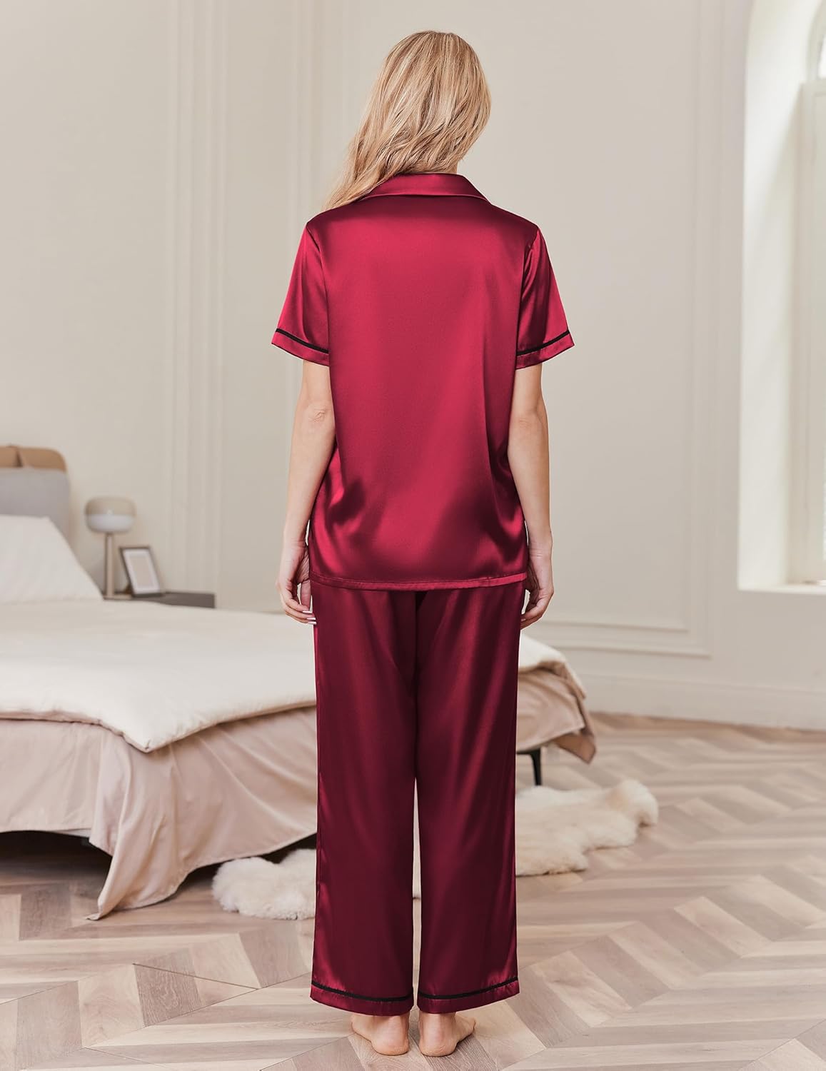Wine red silk pajama set, short-sleeve satin top and wide-leg pants, back view