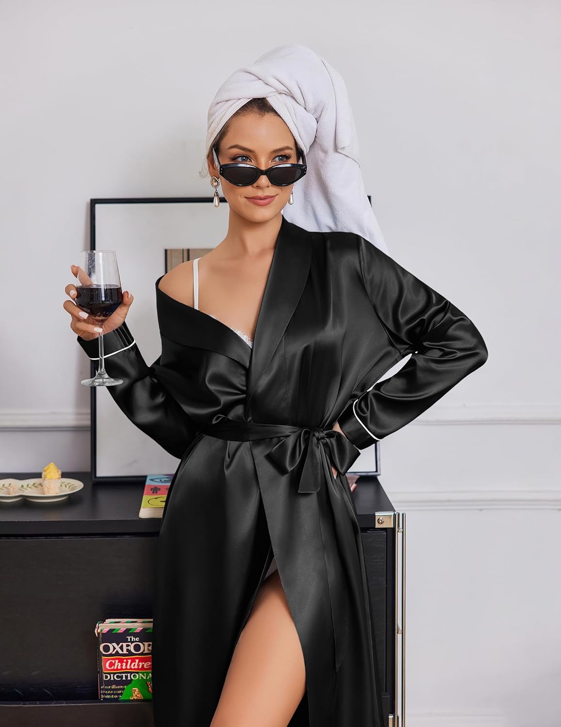 Black satin long robe with shawl collar and tied waist belt, V-neck front