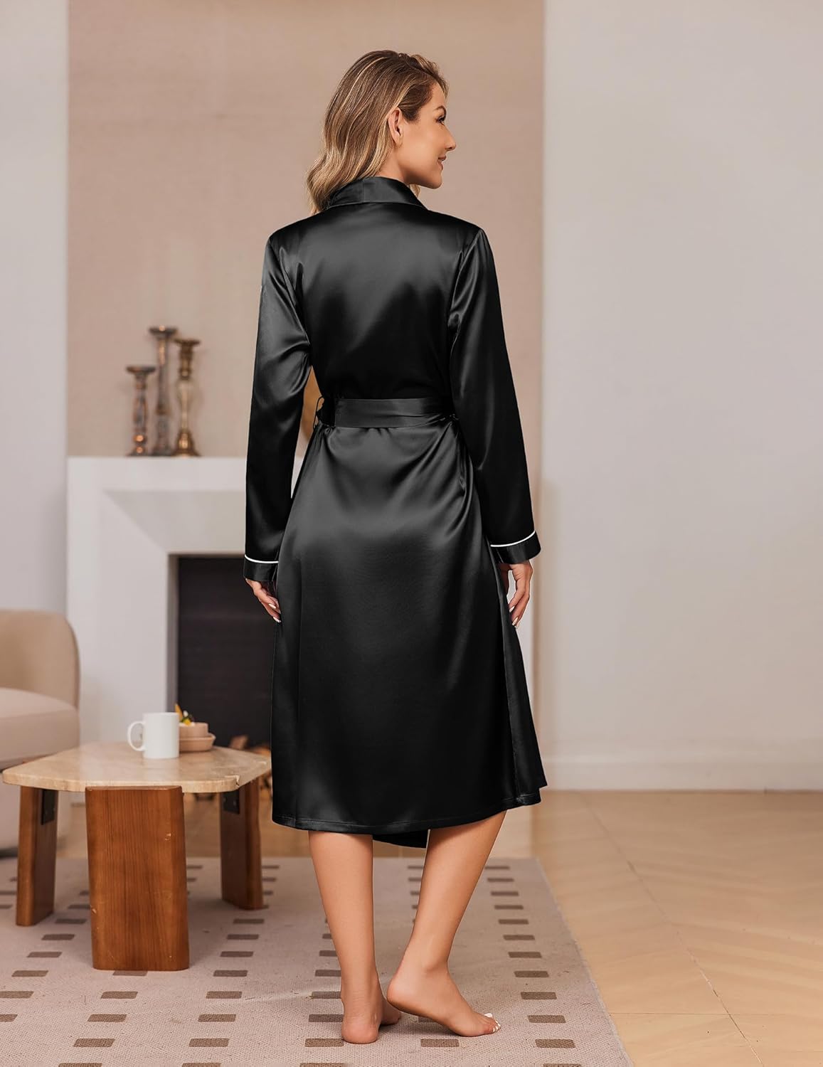 Black satin long robe, back view with waist tie belt and long sleeves