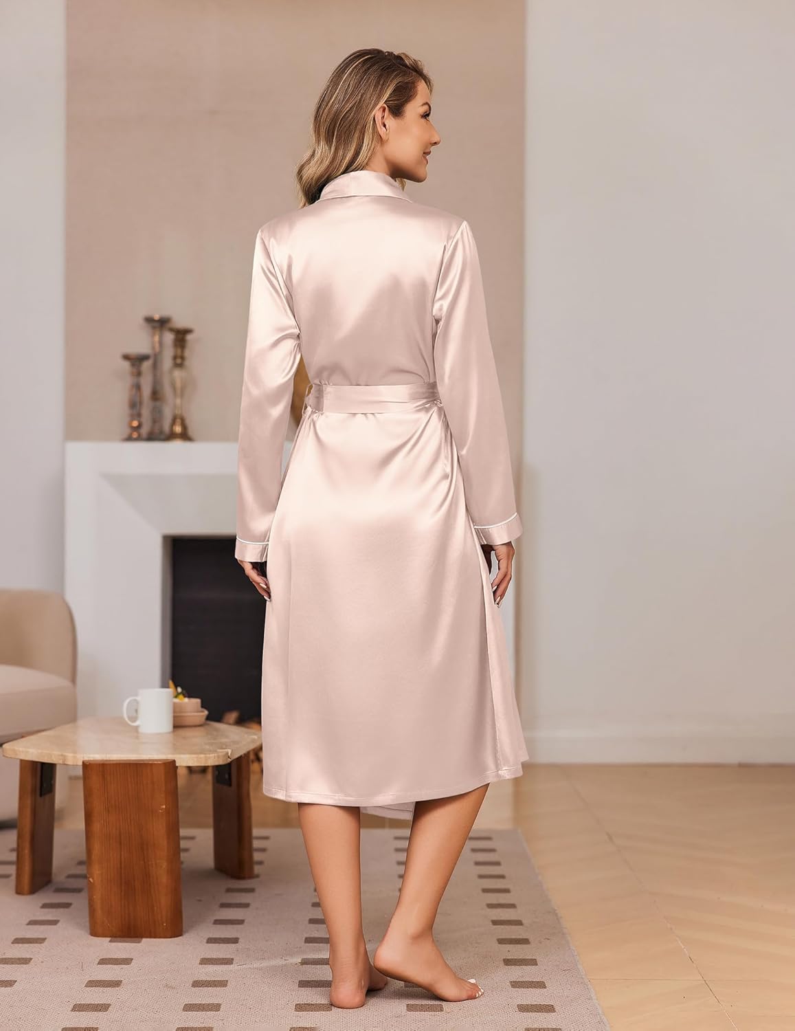 Champagne satin long robe, back view with waist tie belt and long sleeves