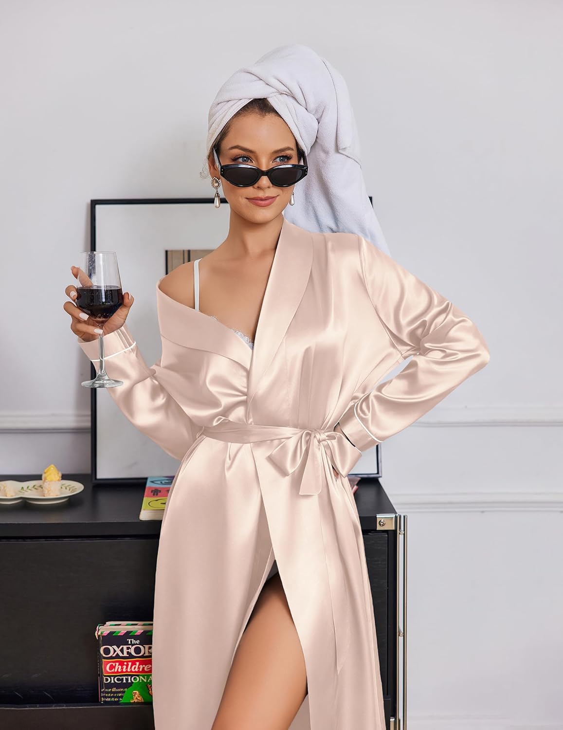 Champagne satin long robe with shawl collar, waist tie belt, wide sleeves