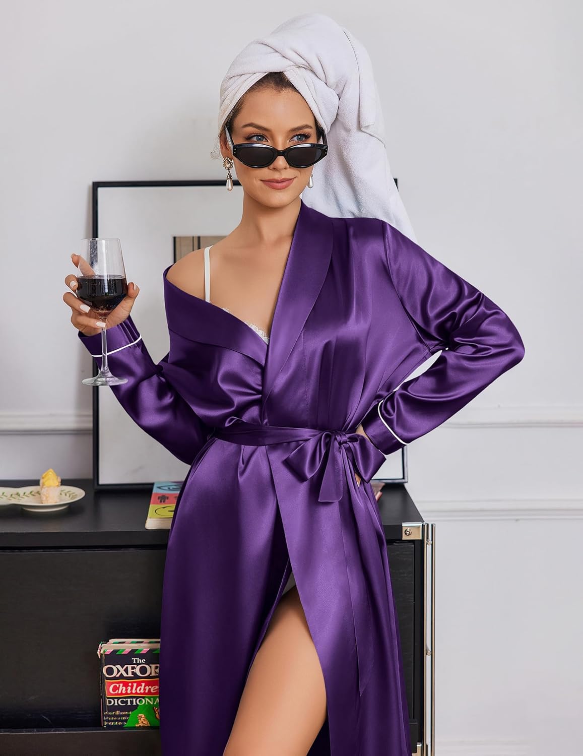 Silk robe with shawl collar, satin long sleeves, belt tie, deep purple front slit
