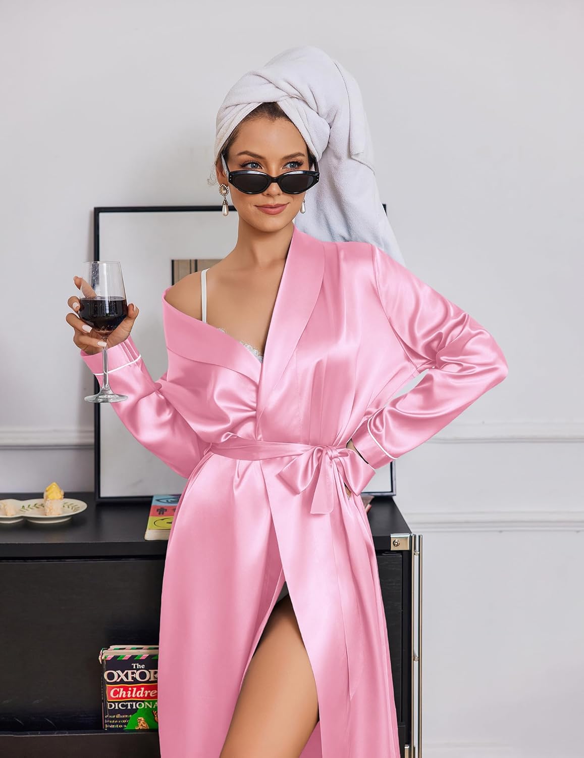 Silk robe with shawl collar, satin long sleeves, belt tie, light pink front slit
