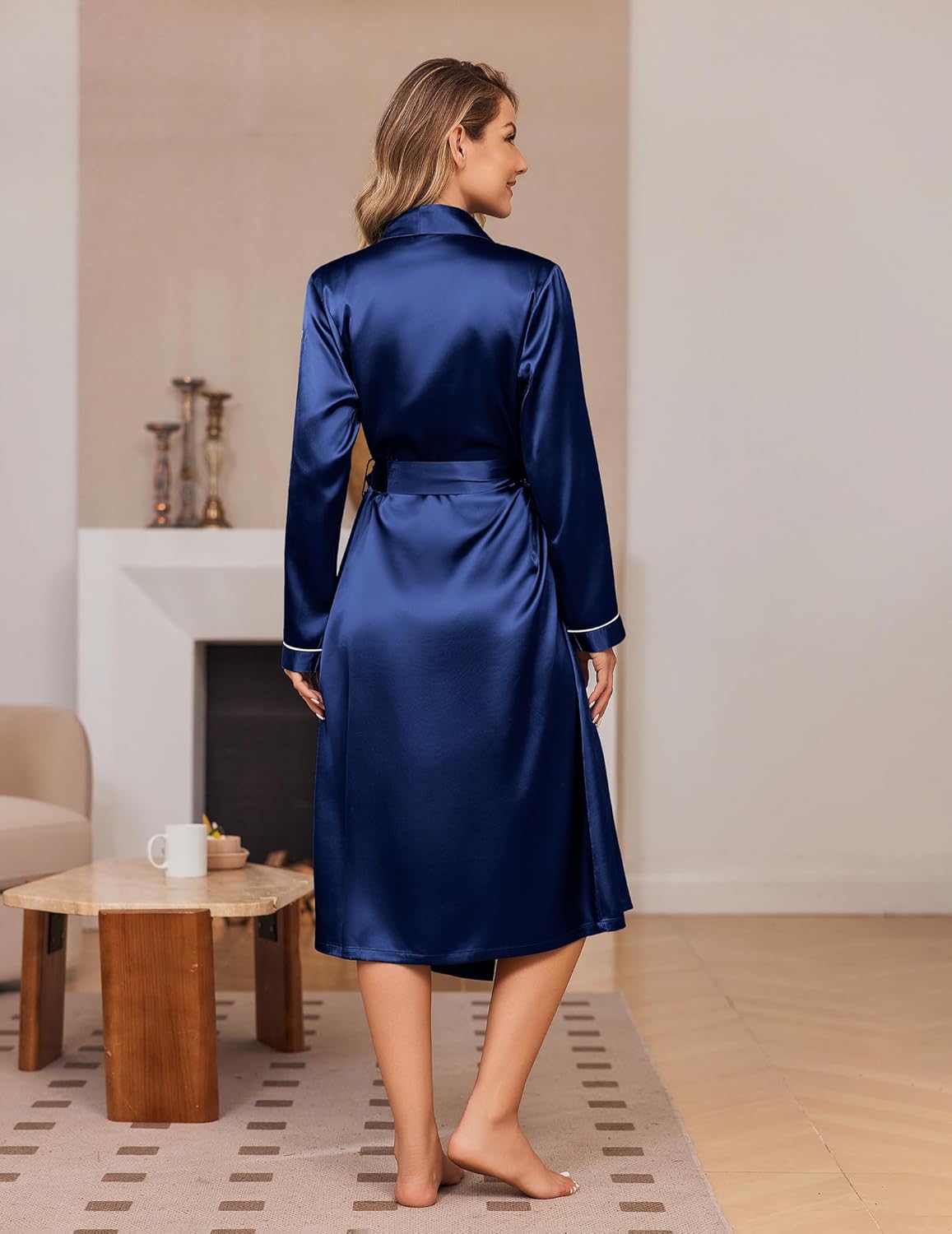 Silk satin robe, shawl collar and belt tie, navy, back view